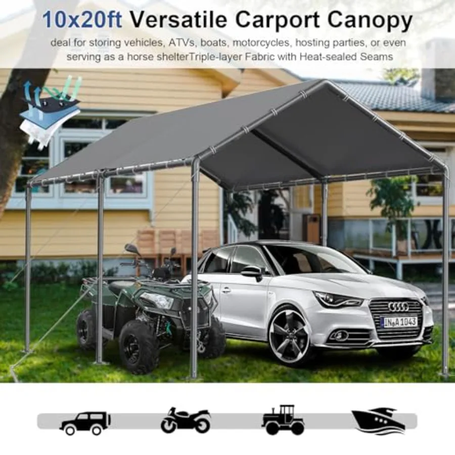 Outdoor Carport 10x20ft Heavy Duty Car Tent, Portable Garage Canopy Storage Shed, All-Season Tarp Tent for Car, Party
