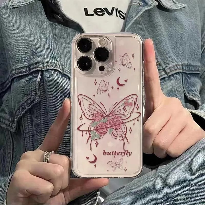 حافظة على شكل فراشة وردية لهاتف آيفون 17 16 15 14 Pro Max 13 12 Mini 11Pro XR 7 8 SE غطاء مقاوم للصدمات واقي للشاشة