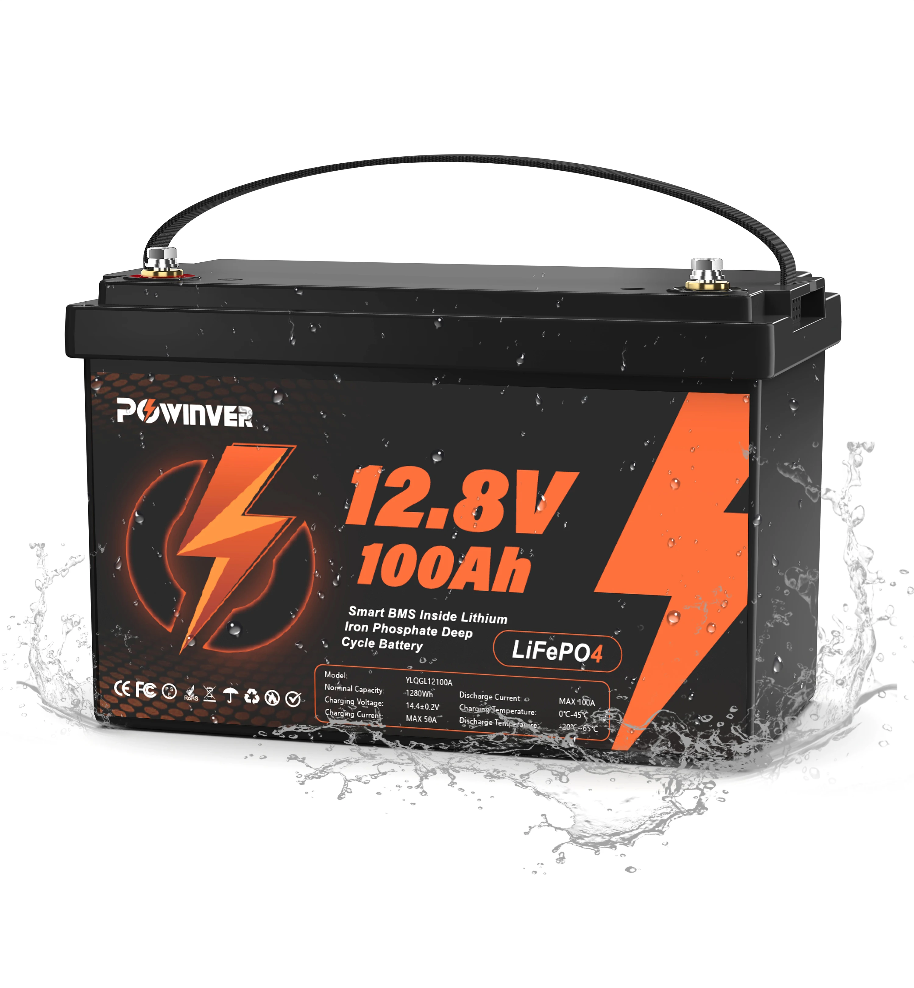 POWINVER 12.8V 100AH LiFePO4 Battery Built-in Smart BMS Management System Long Service Life Lithium Battery for Off-Grid Solar RV Camper Marine