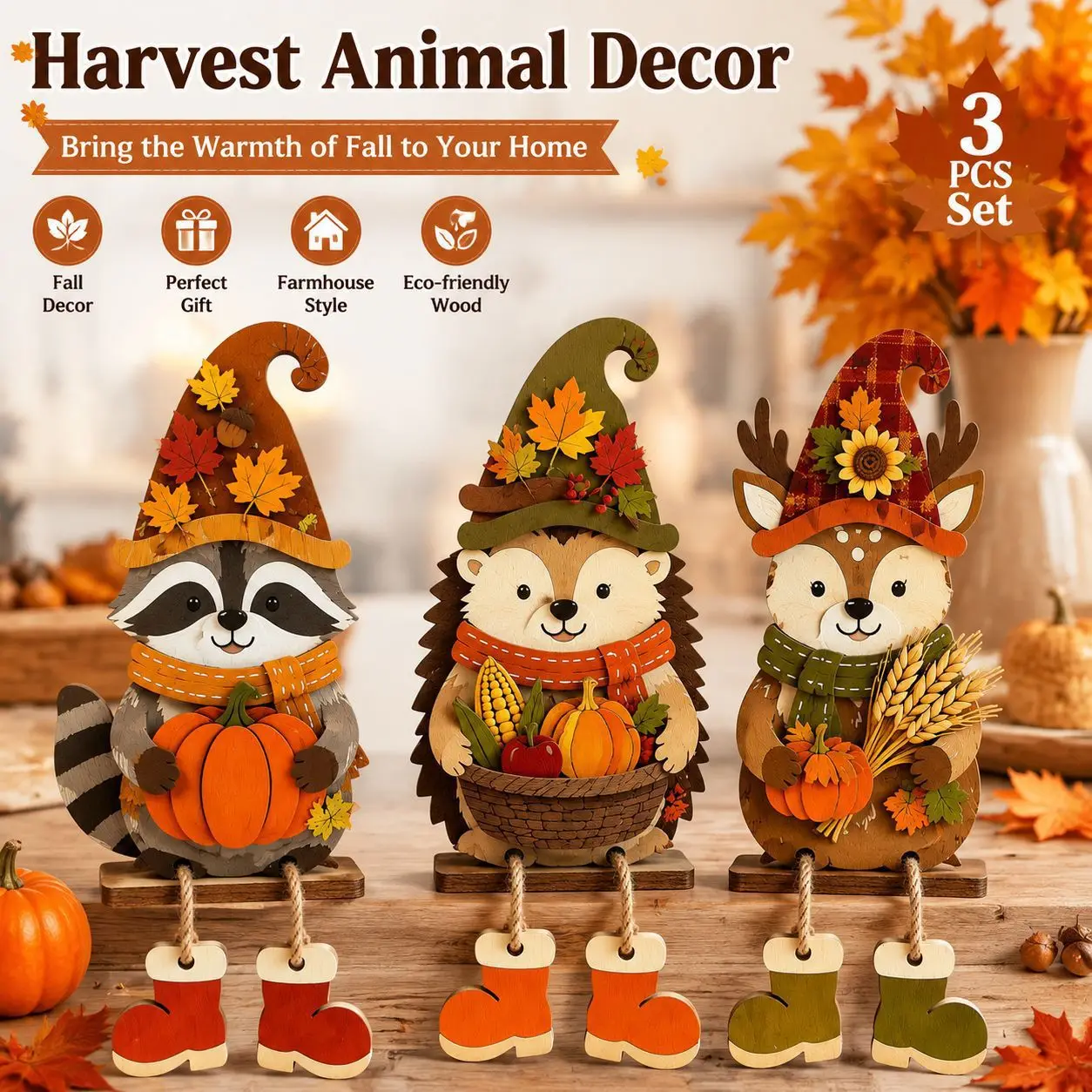 2D Flat In Warm Autumn Brown Tones Raccoon Deer Porcupine Featuring Maple Leaves Pumpkins Sunflowers Corn Harvest Animal Decor