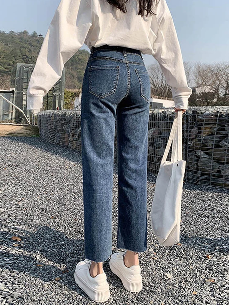 Straight Leg Jeans Women\'s 2022 Autumn New High Waist Elastic Retro Deep Blue Denim Pants Boyfriend Streetwear Slouchy Jeans