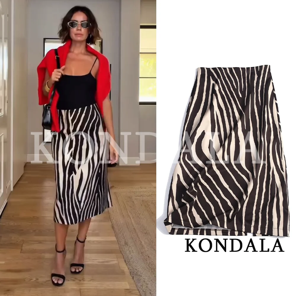 KONDALA Women Casual Zebra Midi Skirts Vintage High Street Split Skirts New 2026 Early Fall Trendy Elegant Commute Ladies Skirts