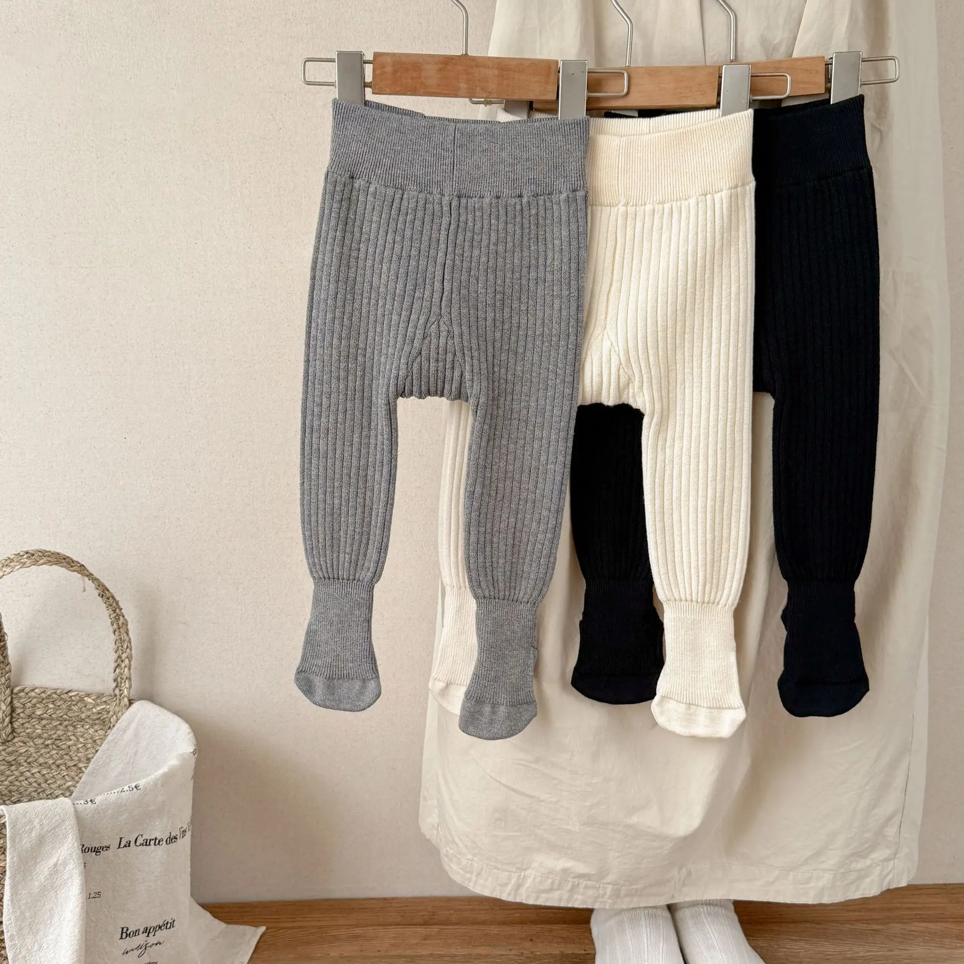 

Baby Tights Winter Warm Ribbed Knit One-Piece Footed Leggings Neutral Kids Thermal Solid Color 0-3Y Children's Leggings