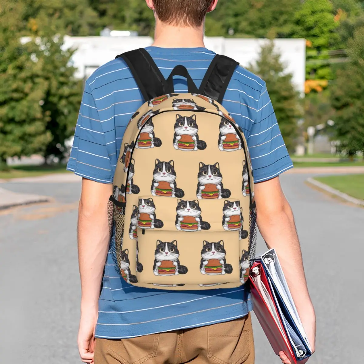 A Cat Eating A Hamburger Backpack Student BookBag Children School Bag Computer Shoulder Bags for Men Women