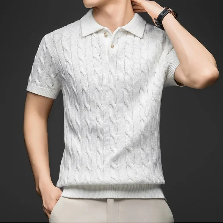 100% Baumwolle Herren Strick-Poloshirt Kurzarm Baumwolle Zopfmuster Retro Umlegekragen Lässiges Business-Oberteil – Detail 18