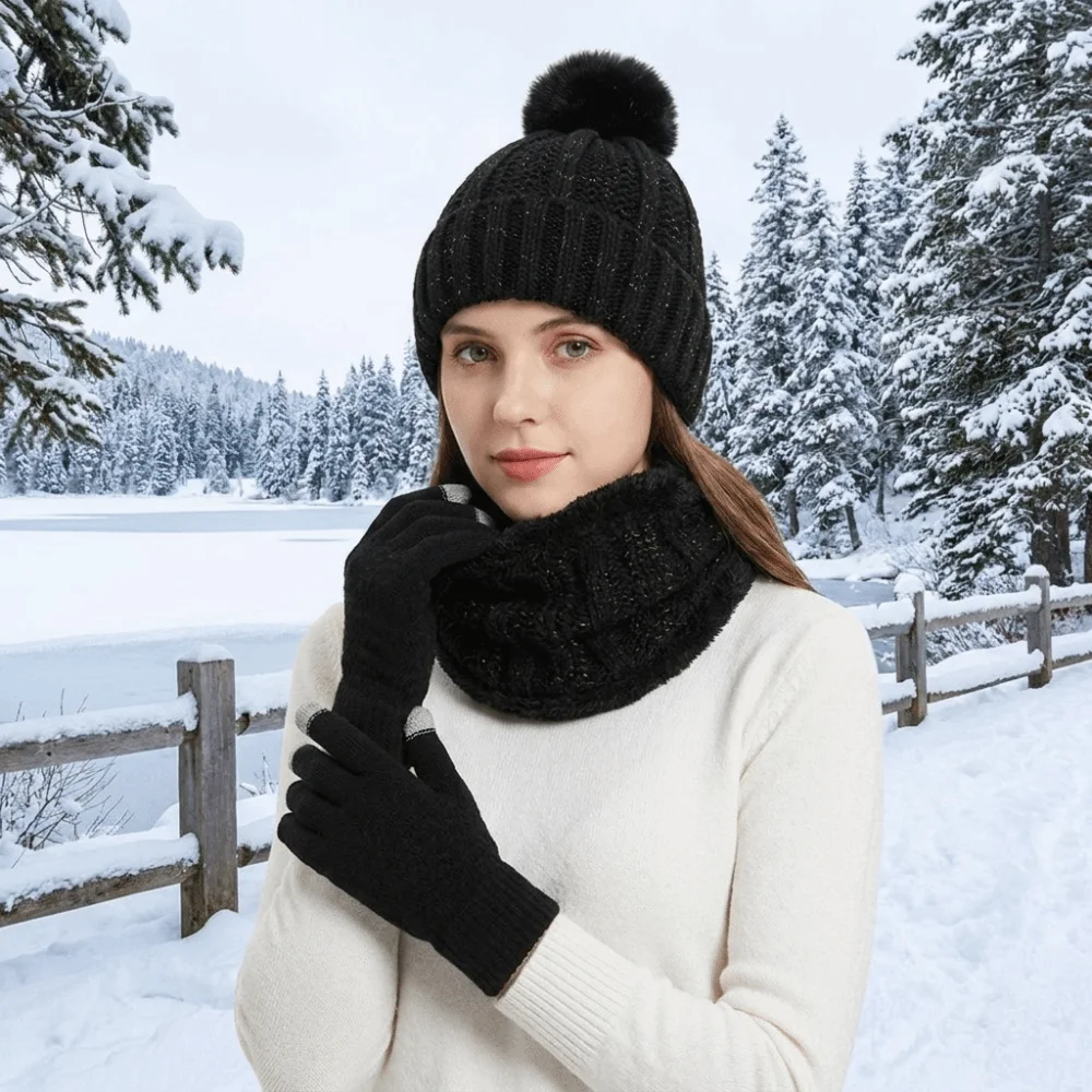 3pcs Soft Solid Color Hat Scarf Gloves Set Thickened Cute Pompom Knitted Hat Keep Warm with Velvet Beanie Hat Kids