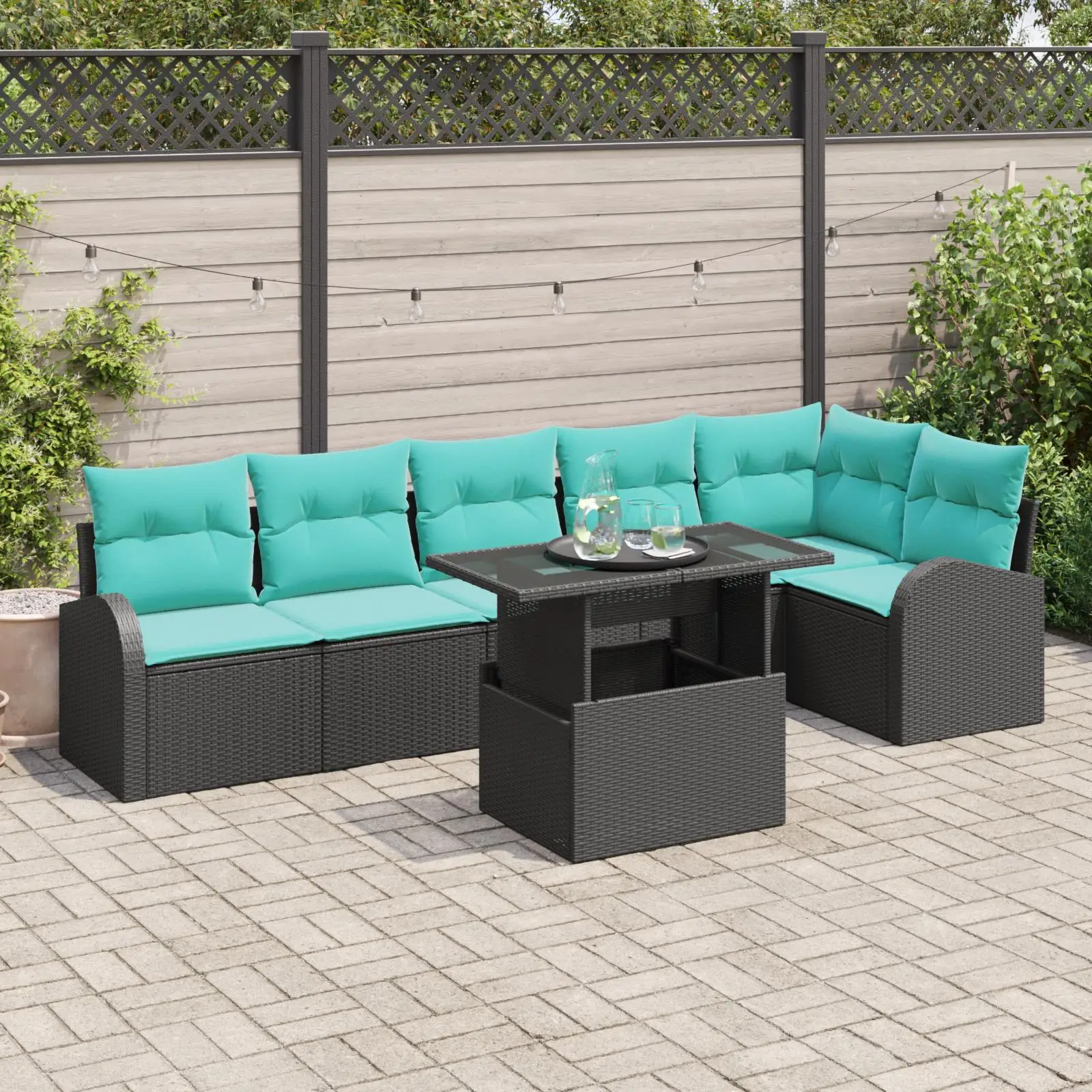 

7 Piece Black Poly Rattan Garden Sofa Set with Cushions Outdoor Patio Furniture