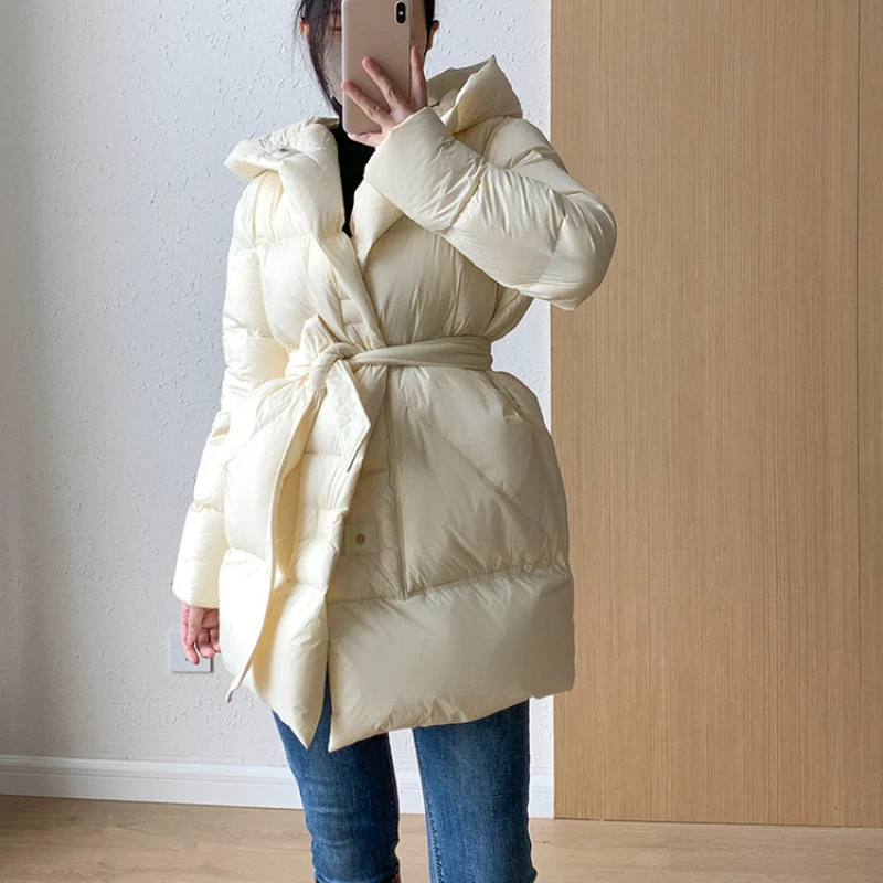 Winter New Puffer Coats Jackets for Women Simple Solid Slim with Belt Outerwears Thick Warm Hooded Snow Mid-length Down Jackets