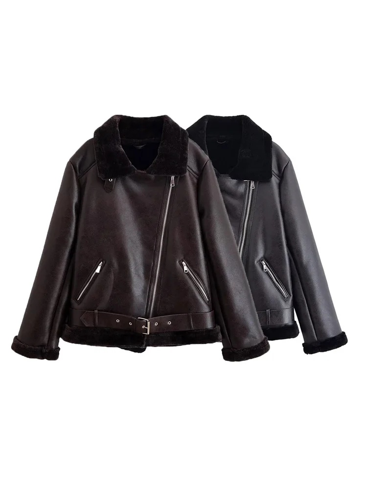 

Women's Thick Warm Faux Leather Jacket Long Sleeve Zipper Fly Outerwear Chic Fashion Tops Warmly Stylish Female Coat For Winter