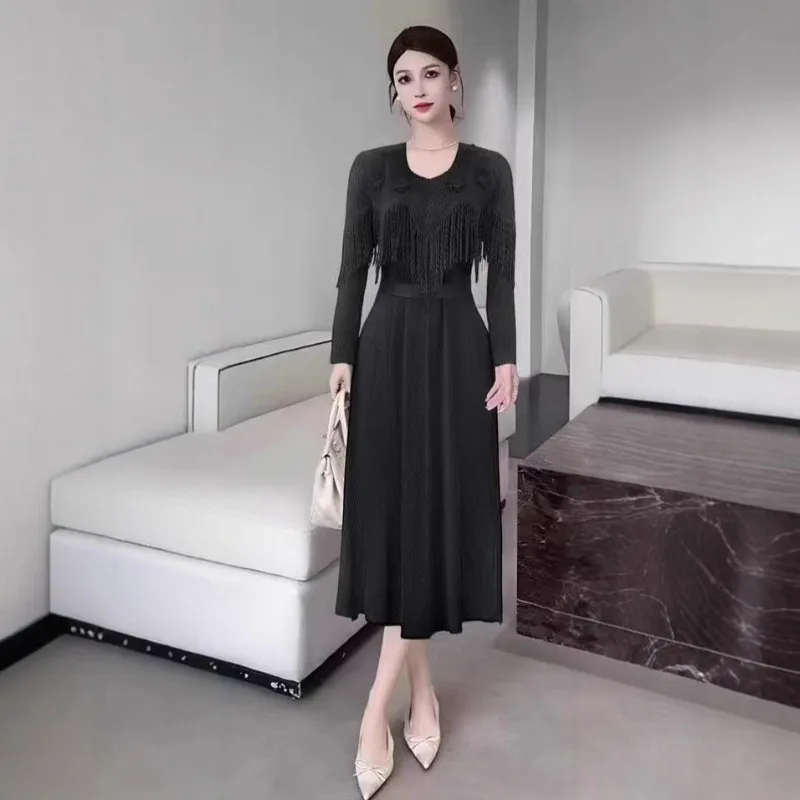 مطوي تمتد حجم كبير فستان مياكي الخريف موضة شرابة الأزهار فضفاضة المرأة فساتين طويلة مساء ملابس مكتب الحفلات أوروبا