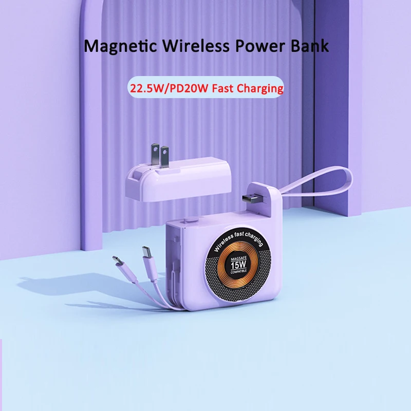 

20000mAh Magsafe Power Bank Wireless Powerbank AC Plug Charger for iPhone 15 14 13 Xiaomi Samsung 22.5W Fast Charging with Cable