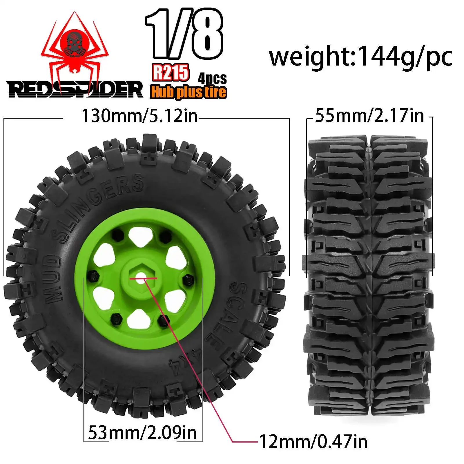 RS 부품 허브 플러스 타이어 R215 130*55mm 2.2in 12mm 어댑터 4PCS 1/8 CROSSRC YK MST H8H 등산 자동차 액세서리