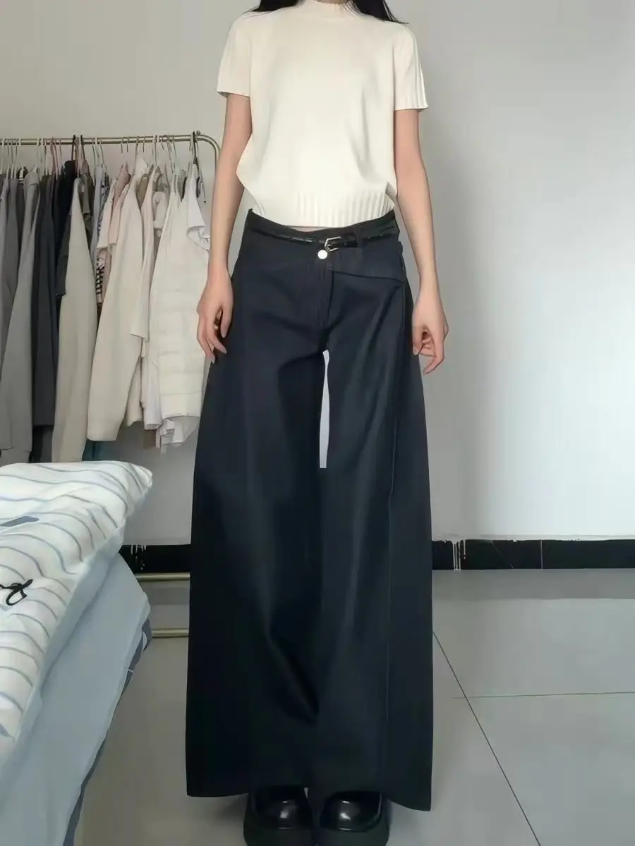 Black Irregular Low Waist Wide Leg Jeans Women Designer Loose Retro Streetwear Denim Pants