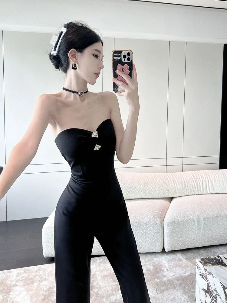 2023 New Black Elastic Diamond Tube top waist horn one-piece pants sexy high waist pants Jumpsuit