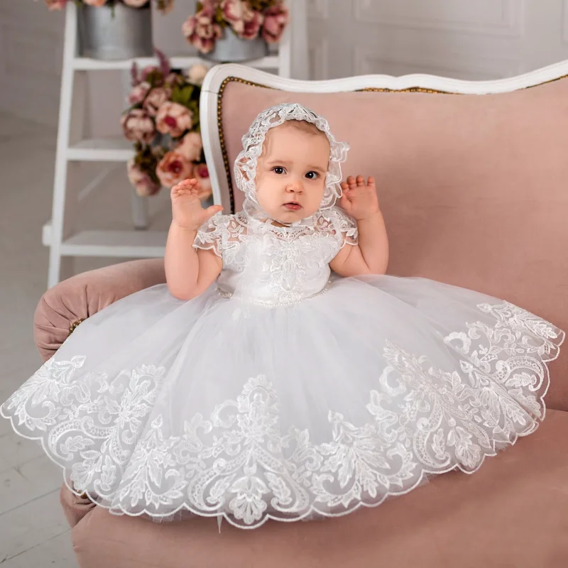 Customized Flower Girl Baby Dress White Tulle Puffy Pearl Flory Pattern Short Sleeve For Wedding Ball Birthday Party Gowns