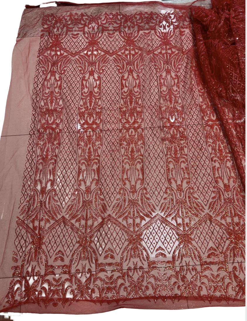 

New Arrival SHINNY RED Color glued glitter lace tulle Fabric for fashion dress DIY accessory