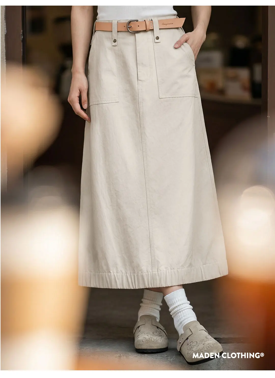 Maden Women's Cargo Skirt A Line Midi Back Slit High Waist Vintage Off White Casual Zipper Skirt for Spring Summer