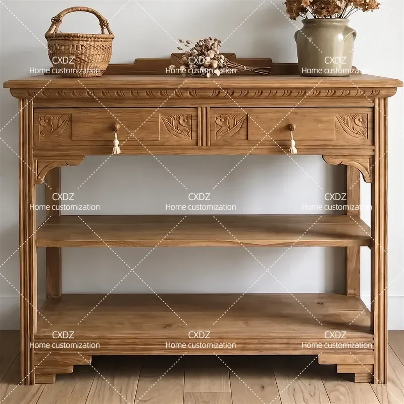 Solid Wood Carved Porch Cabinet Foyer Decorative Storage Retro Living Room Double Layer Locker Entryway Console Table