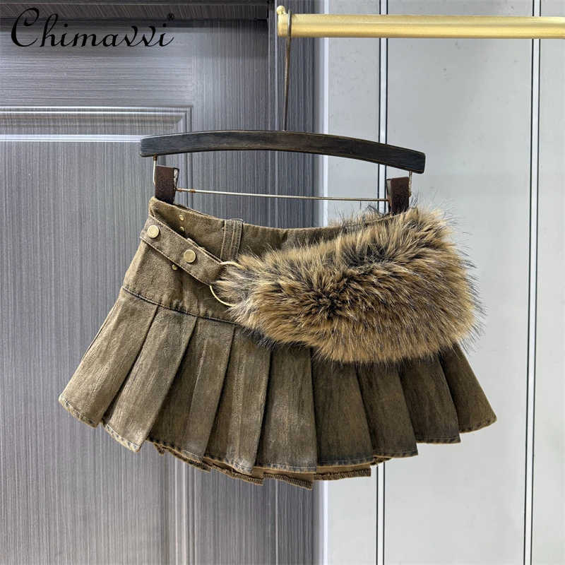 

Модная плиссированная короткая юбка с большим меховым воротником в стиле пэчворк с высокой талией для девочек, женская весенняя новая элегантная тонкая женская юбка для горячих девушек