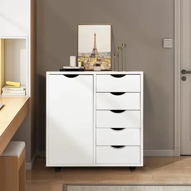 Wooden white 5-drawer file storage cabinet with wheels