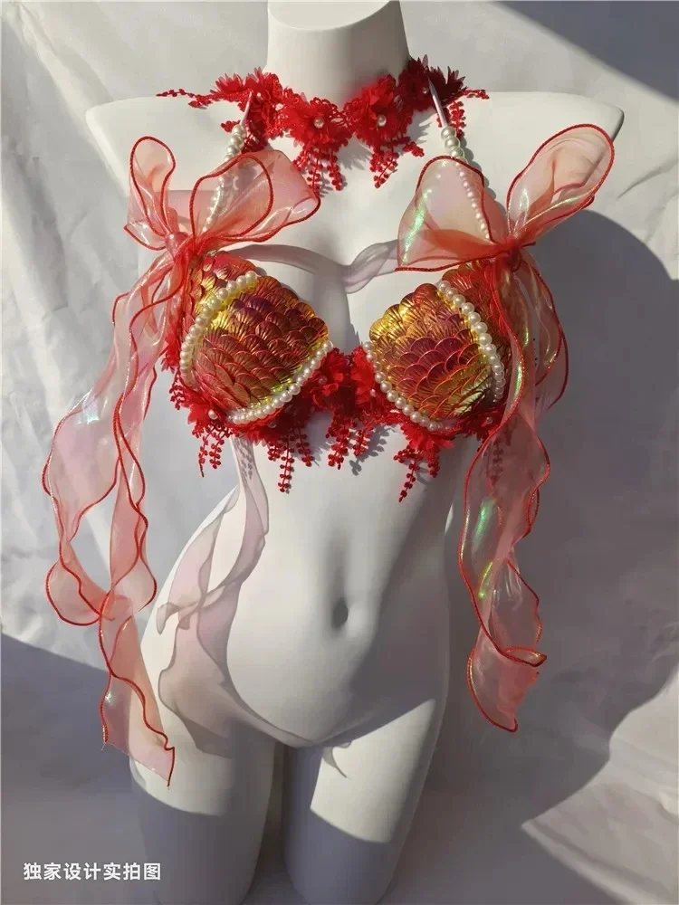 2025 Summer Mermaid Sequin Shell Bikini Top Bra Suitable For Oceanarium Bar Show Beach Wear Mermaid Sequin Bra Set