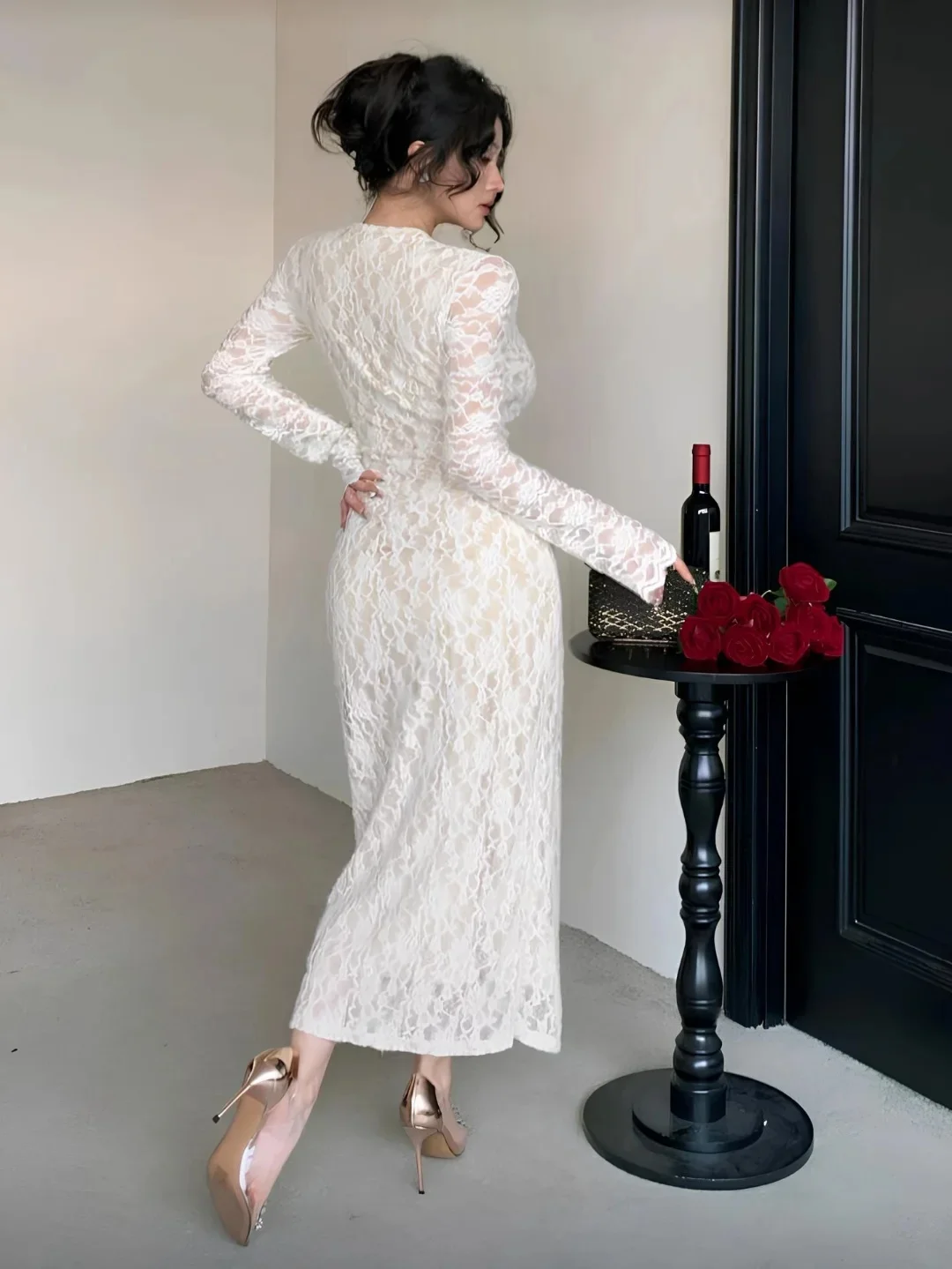 Hot Sale Elegant Sexy Romantic Long Sleeve V Neck Lace Up Bodycon High Split Lace Sheer Evening Prom Formal Party Dress