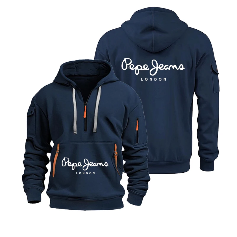 Men's Casual Sports Hoodie Spring Autumn Fashion Solid Color Long-Sleeved Pullover with Arm Pocket And Pull Rope Plus Size