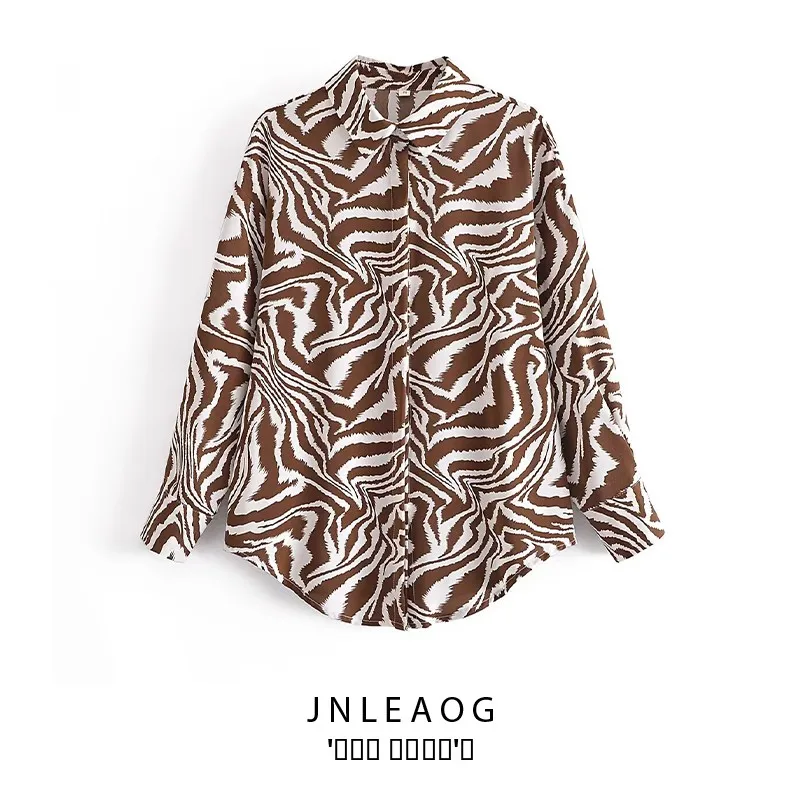 

JNLEAOG Autumn New Women's Faion Casual Versatile Collar Animal Print Button up irt Polyester Loose Fit Long Sve