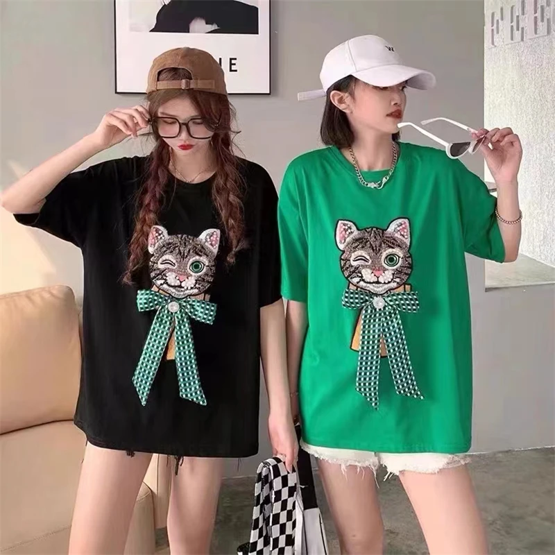 Cartoon Cat Beaded Diamond Green Bow Embroidered Patches For DIY Clothing T Shirt Sew On Accessories Applique