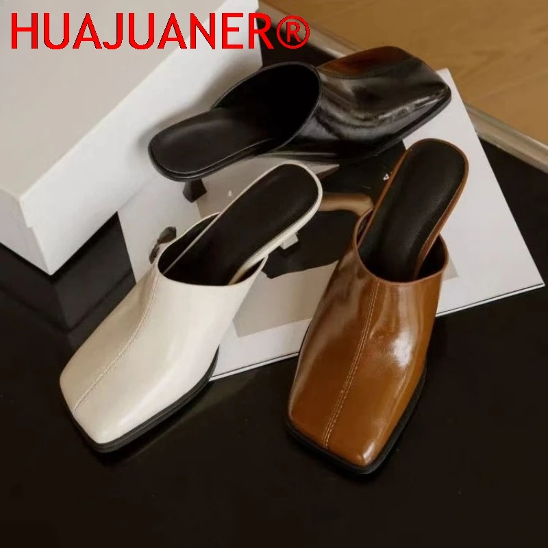 

New Retro Baotou Semi-drag Women Wear Soft Leather Square Head Thin Heel Bottom and Fashionable Baotou Drag
