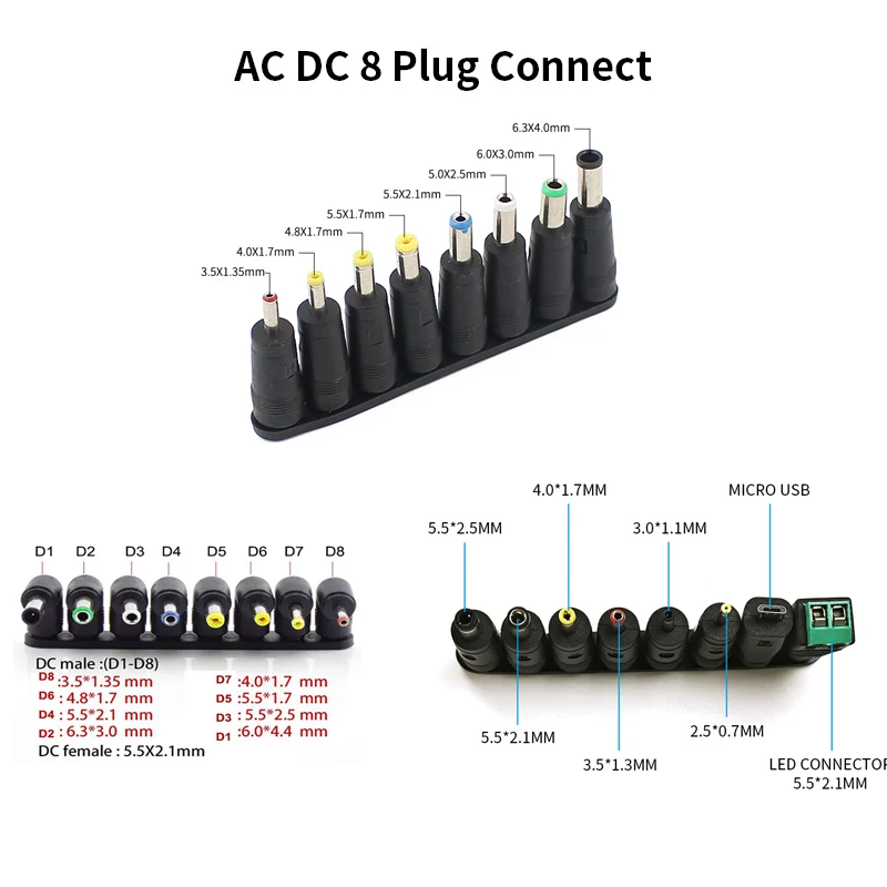 8PCS AC DC Jack Adapter Universal Plug DC 5.5MM*2.5MM 4.0MM*1.7MM 6.3MM*3.0MM 3.5MM*1.35MM DC Female Micro USB Connector