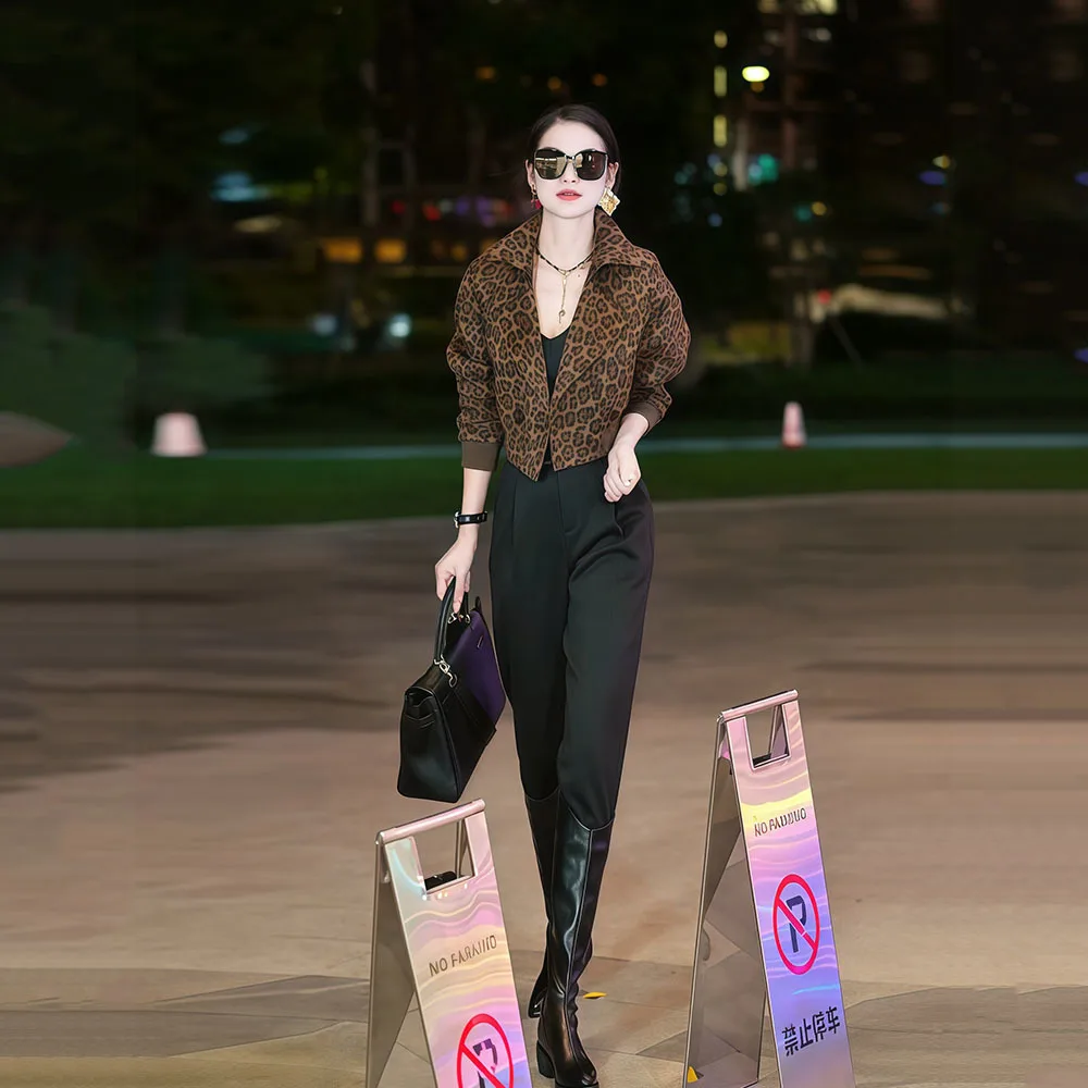 Giacca da donna con stampa leopardata High Street Cappotti corti con risvolto retrò americano Donna Casual Cerniera Manica lunga Capispalla Autunno Nuovo cappotto