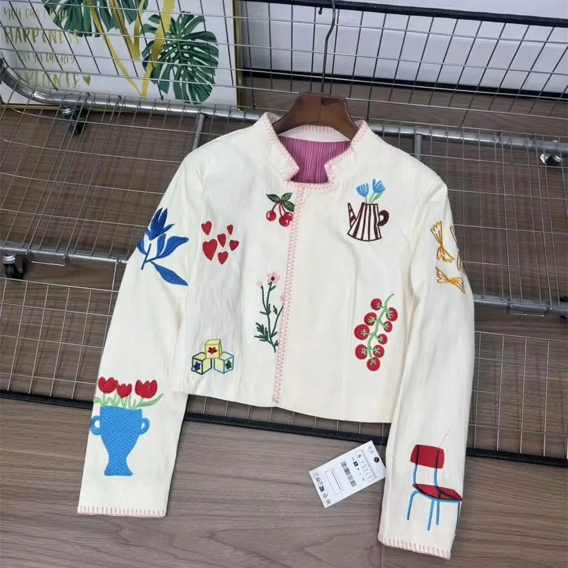 

WMXZ Fall Faion round Ne Embroidered Jaet Versatile Sli ort Outerwear for Women Long Sve Ladies Coat