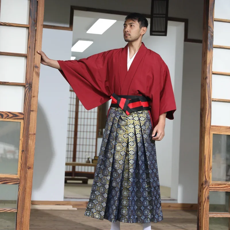Japanese Men Samurai Kimono Suit Tradition Hangdeng Hakama Include Tops Skirt Belt