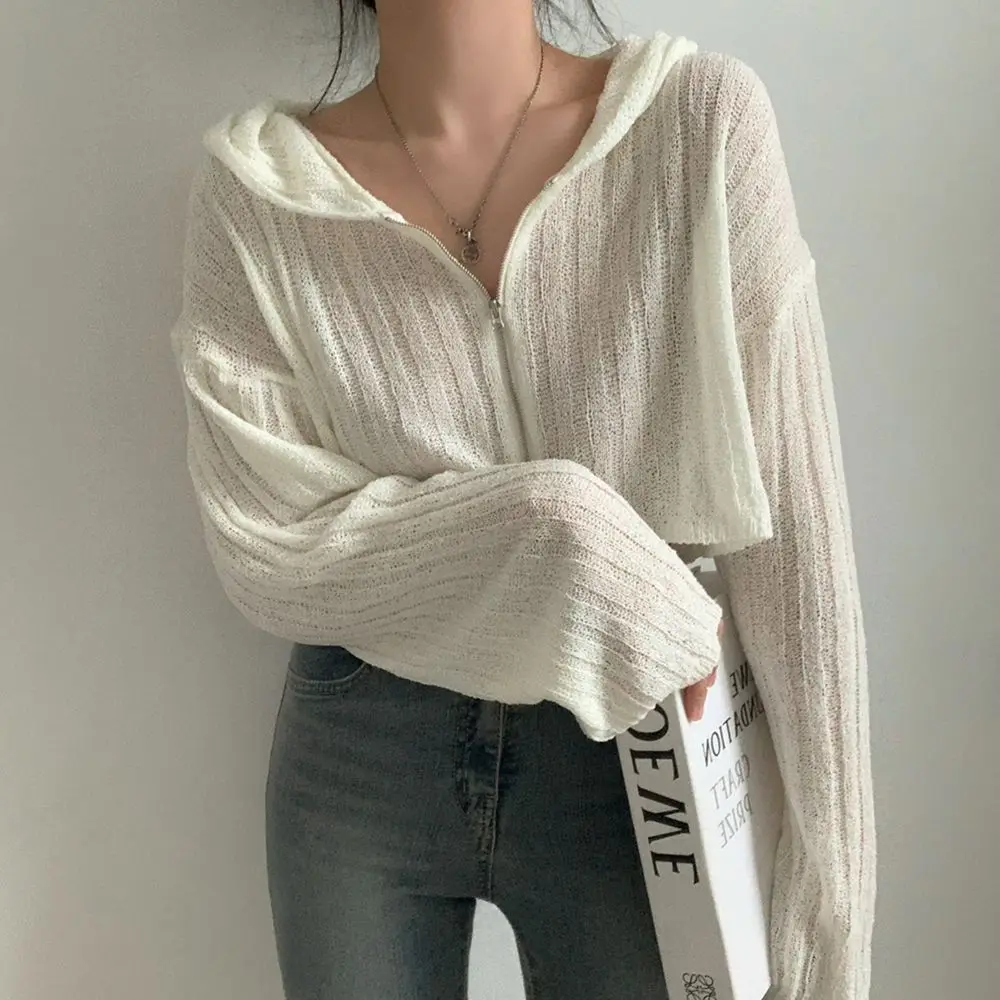 Spicy Girl Style Texture Short Sleeved Zipper Hooded Knitted Sweater Cardigan Jacket for Women