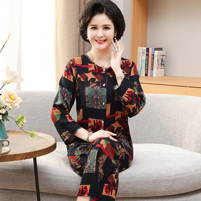 Middle-Aged Elderly Mother Home Clothes Cotton Rayon Pajamas Women\'s Spring Autumn Long-Sleeved Trousers Two-Piece Set XL-5XL