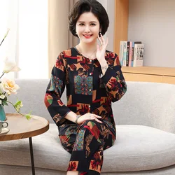 Middle-Aged Elderly Mother Home Clothes Cotton Rayon Pajamas Women's Spring Autumn Long-Sleeved Trousers Two-Piece Set XL-5XL