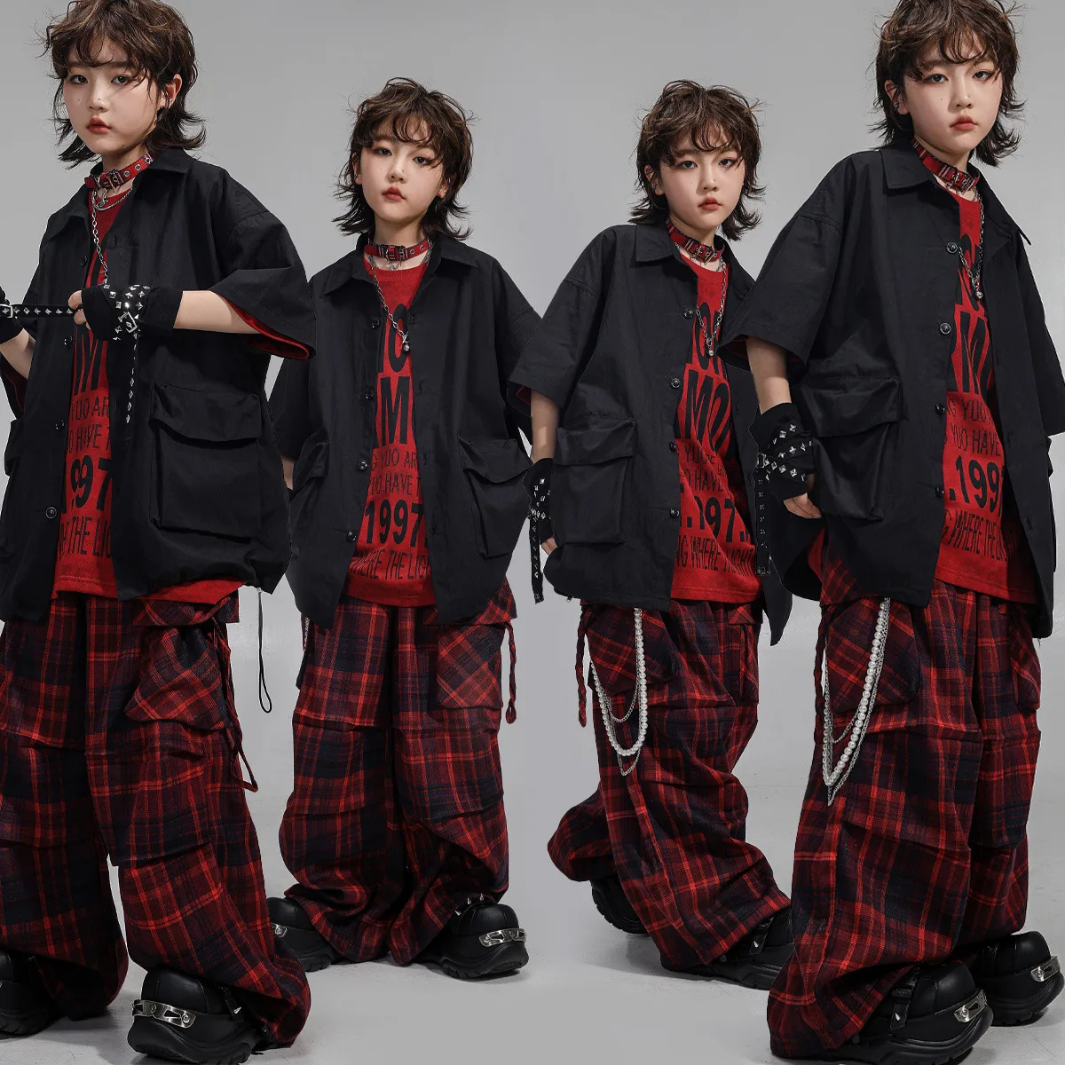 Child Boy Girl Hiphop Jazz Streetwear Dance Costume Girl Summer Short Sleeve Loose Cargo Shirt T Plaid Pant Sets Kids Tracksuit
