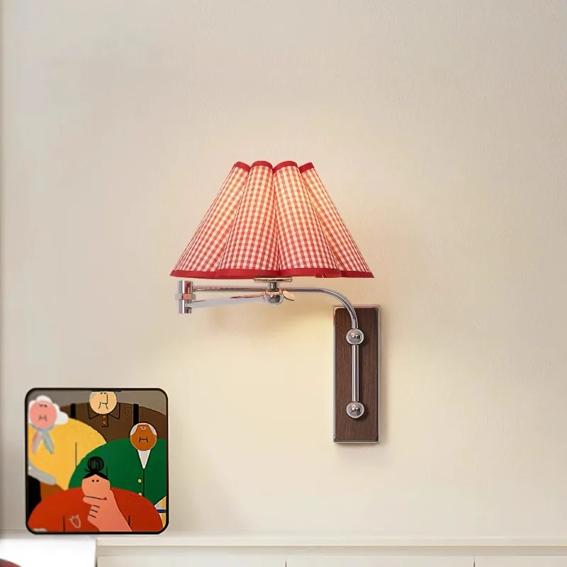 Moden Wrought Iron Wall Lamp Adjustable Rocker Arm Light Red White Grid Fabric Lampshade Living Room Study Hotel Bedroom Sconces