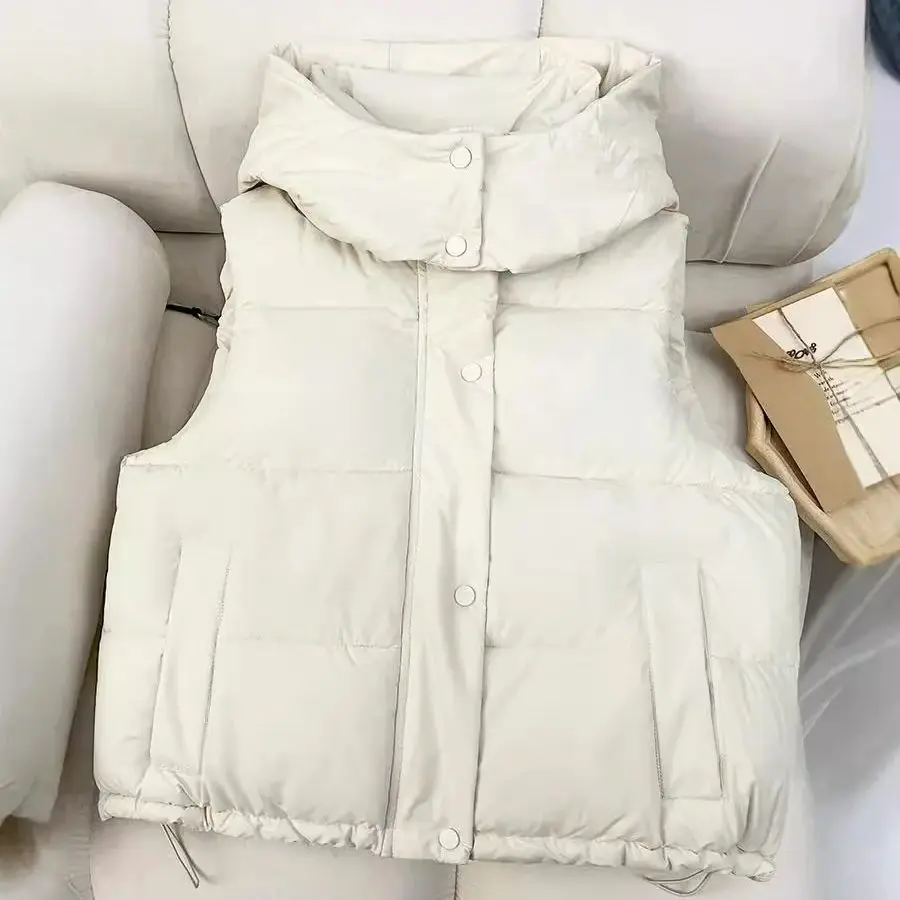 Gilet corto in cotone autunno inverno Giacca senza maniche con cappuccio da donna Cardigan con cerniera allentata semplice e versatile in stile europeo alla moda