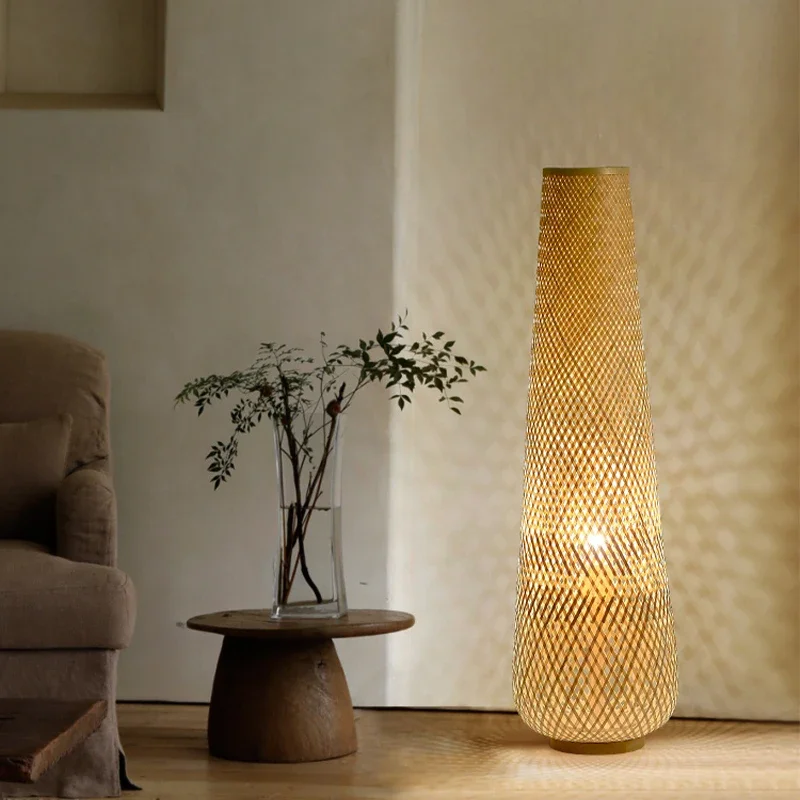 Imagem -06 - Lâmpada de Assoalho de Madeira do Cilindro Japonês Wicker Standing Tea Light Bedroom Bedside Living Woven Retro Bamboo Floor Lamp E27