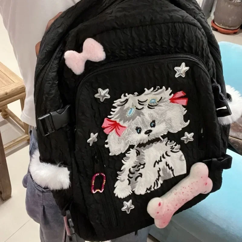 Xiuya Kawaii Dog Print Womens Backpack Bow Tie Y2k Spice Girls Designer Bag Black Casual College Style High Capacity Backpack