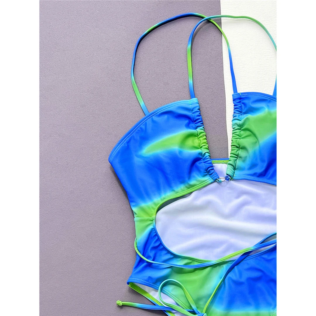 Tie-Dye-Neckholder-Badeanzug mit Wickeldesign und Cut-Outs, einteiliger Badeanzug für Damen, Monokini mit hohem Beinausschnitt, Badebekleidung, Badeanzug, Modell V5048 – Detail 11