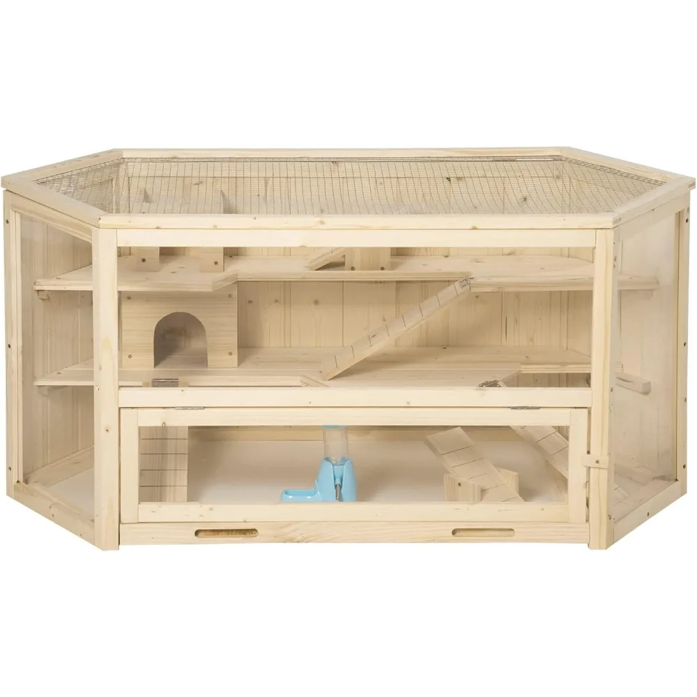 Jaula grande de madera para hámster, casa de juegos para ejercicios de animales pequeños, 3 niveles con bandeja, balancines, botella de agua, centro de actividades, Natural