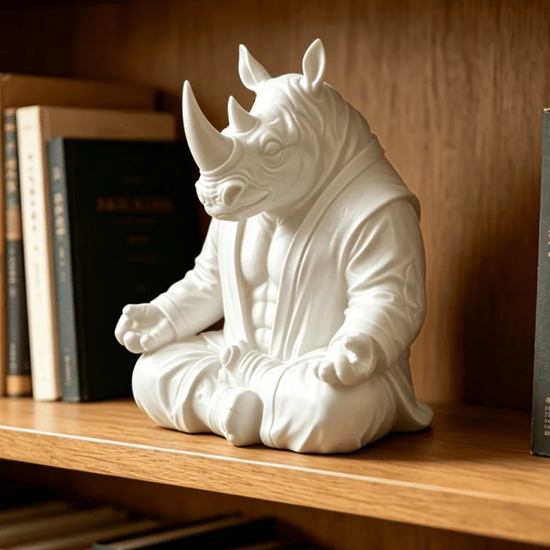 Meditating Rhino Warrior Resin Statue 3D Printed Cross-legged Rhinoceros Figurine Zen Desktop Ornament Bookshelf Home Decor Gift