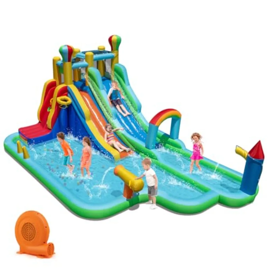 

Надувная водная горка с 750-ваттным вентилятором: длинная горка «Джунгли», стена для скалолазания, баскетбольное кольцо, пандус, водная пушка, бассейн для игр на мокрой и сухой земле