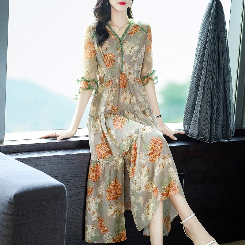 Summer Dresses For Women 100% Silk Floral Dress V Neck Long Dress Elegant Short Sleeve Casual Dress Ladies Vestidos Robe Ete