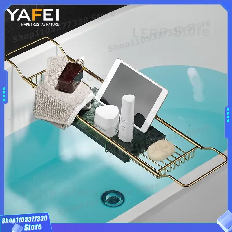 Retractable Stainless Steel Bath Tray with Natural Marble Non Slip Shelf Extended Side Table Organizer for Bathroom Storage