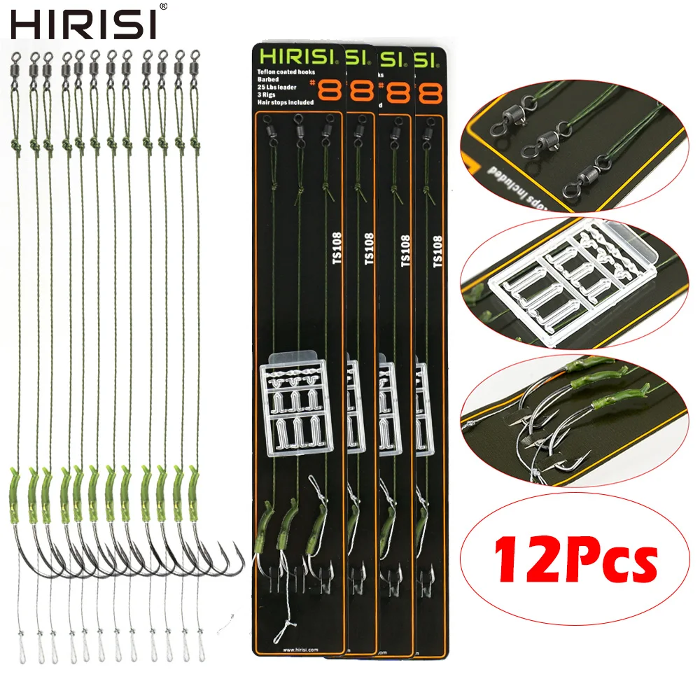 Hirisi TS108, 12 Unidades de Monturas de Pesca de Carpa Pre-atadas con Anzuelo, Línea Recubierta, Anzuelo con Barba y Anti-enredos, Aparejos Terminales para Pesca de Carpa