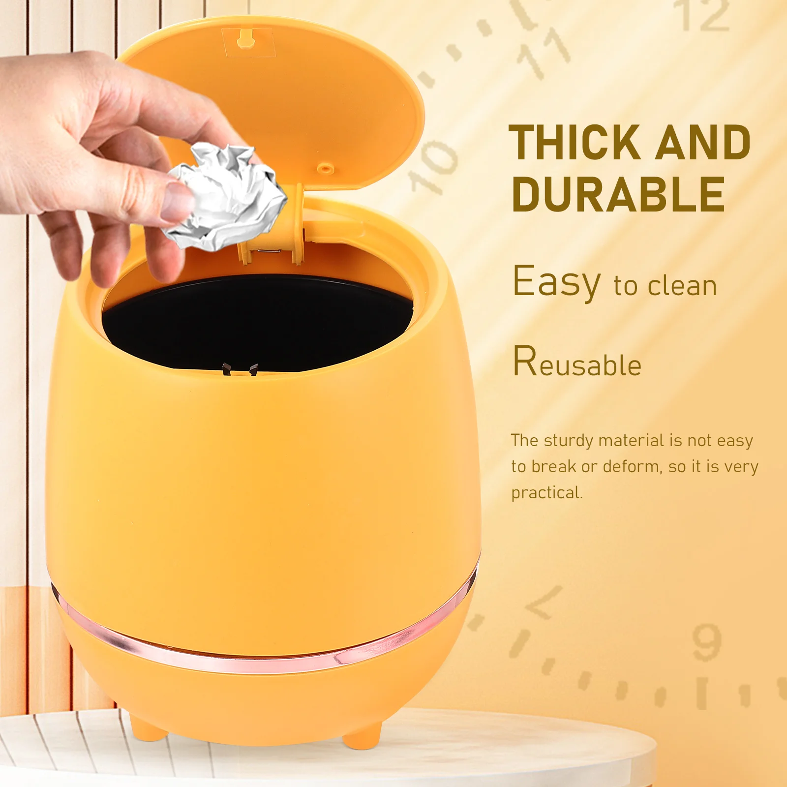 

Mini Flip Trash Can Household Wear Resistant Bucket Desktop Yellow Sealed Lid Reusable Thick Material Kitchen